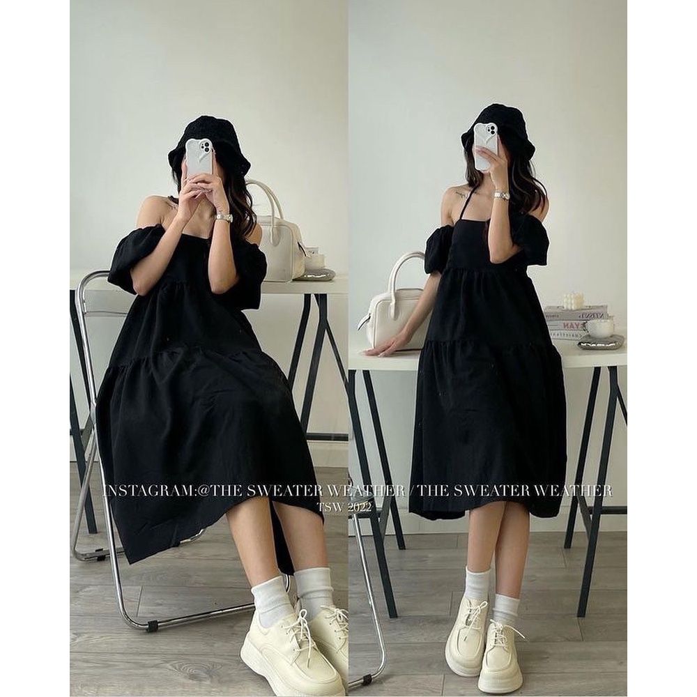 Váy maxi babydoll mặc 4 kiểu form xòe tay rời đính cúc, Váy 2 dây mặc nhiều kiểu