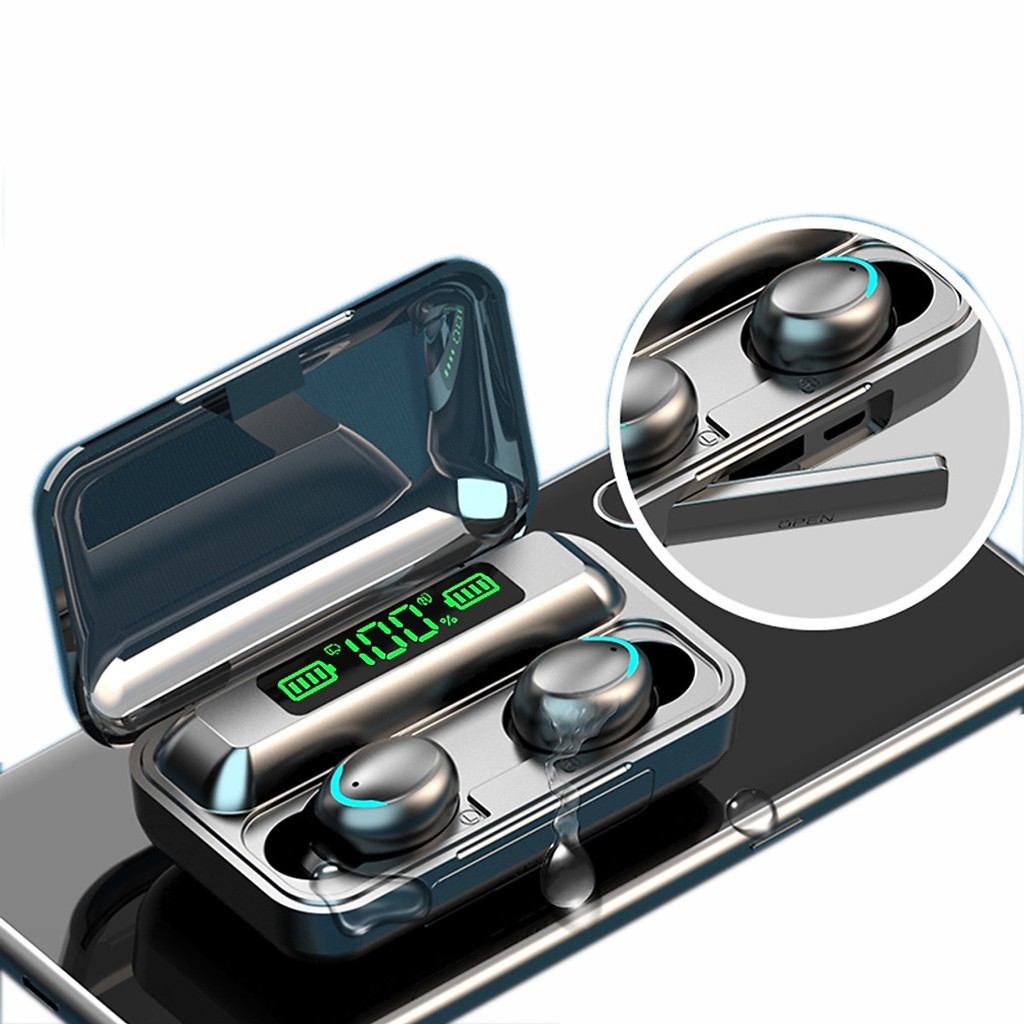 Tai nghe nhét tai bluetooth, tai nghe không dây AMOI F9 pro, cảm biến vân tay, đèn led kiêm sạc dự phòng