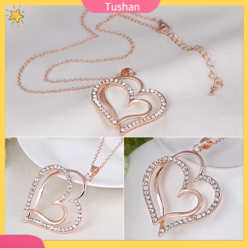 TUSH_Women's Romantic Double Love Heart Rhinestone Choker Chain Necklace Jewelry Gift