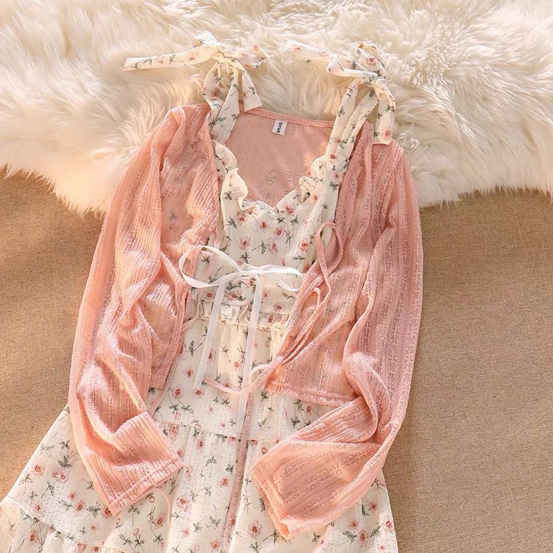 Set Đầm Hoa Nhí Đũi Xốp Buộc Nơ Vai + Áo Khoác Len Ren