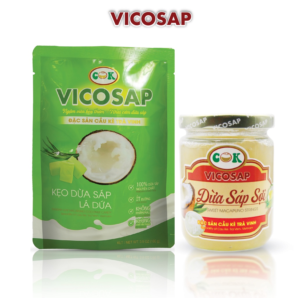 Cơm dừa sáp sợi 220ml & Kẹo dừa sáp lá dứa 100g VICOSAP