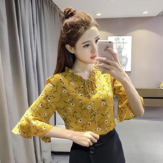 Hàng mới v sleeve Sleeve sleeve Korean super summer half printed Floral top Short new fairy trumpet Shirt 2020 women Chiffon