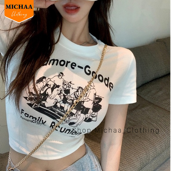 Áo Croptop Ôm Body Nữ ADMORE-GOODE Cổ Tròn Tay Ngắn, Áo Thun Croptop Kiểu In Họa Tiết - MICHAA CR90