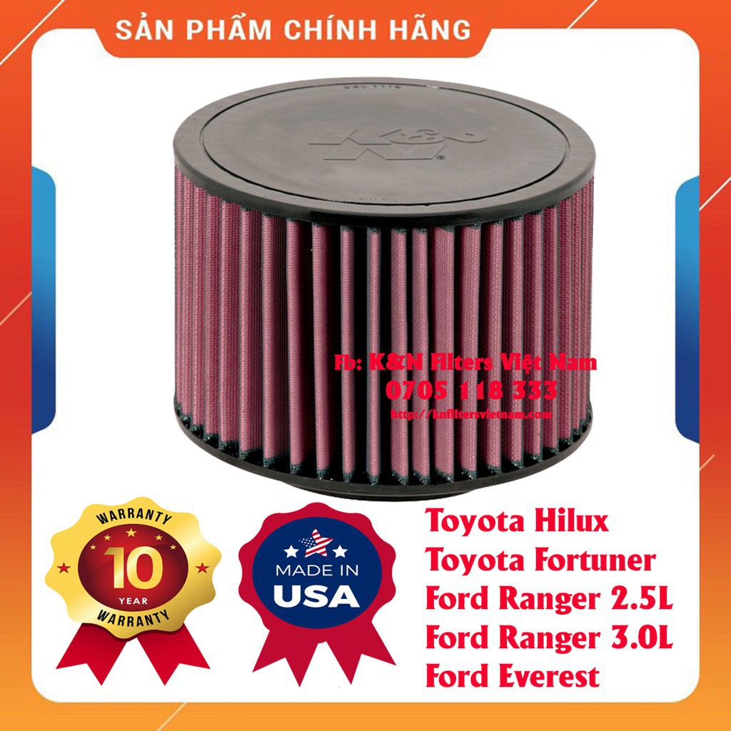 Lọc gió K&N Ford Ranger, Toyota Fortuner, Toyota Hilux. Part K&N : E-2296. Toyota 178010C010