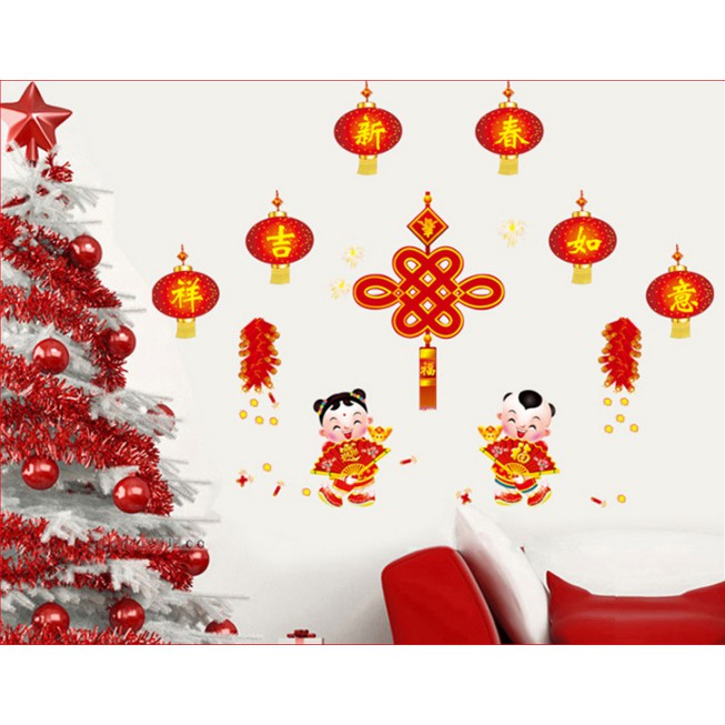 Decal trang trí Tết - Lồng đèn đỏ và tiểu đồng Tử ( KÈM VIDEO THẬT )