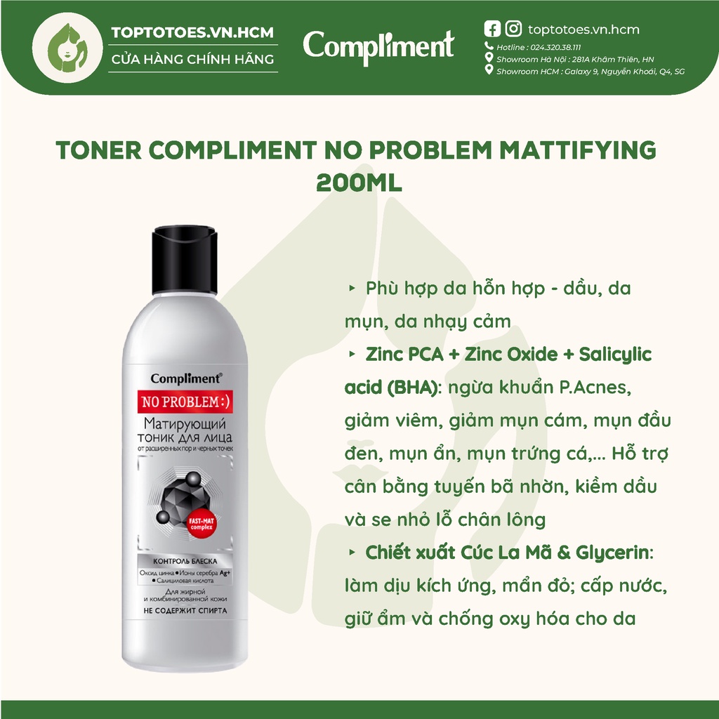 Toner Compliment No Problem Mattifying kiềm dầu, ngừa &amp; giảm mụn, se lỗ chân lông 200ml