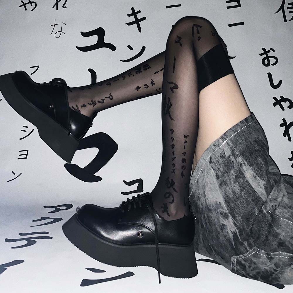 Vớ lụa đen vải nylon mỏng co giãn thoáng khí phong cách gothic Hàn Quốc