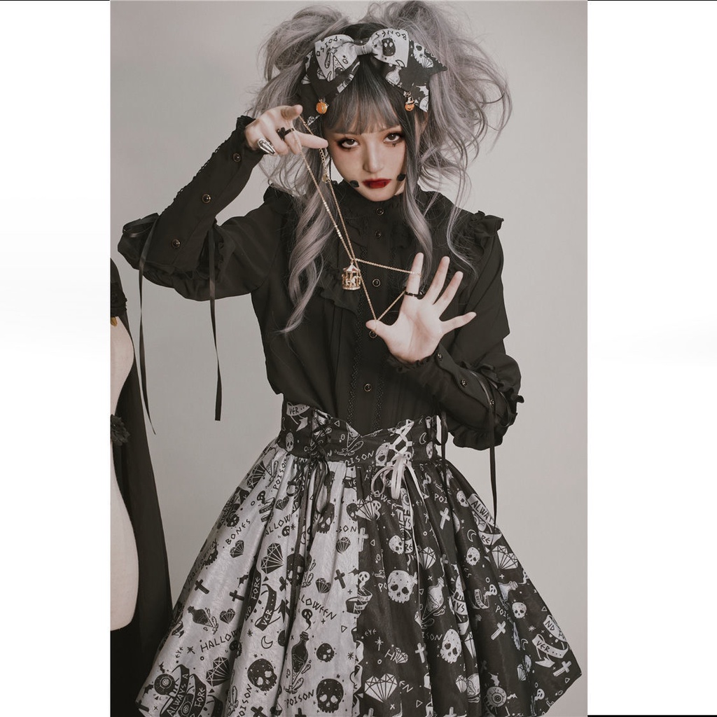 Áo sơ mi cổ đứng phối ren bèo phong cách lolita