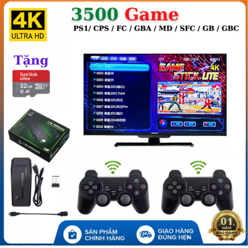 Máy Chơi Game 4 Nút Không Dây- Máy Chơi Game Không Dây Cổng HDMI 4K, Có Sẵn 3500 Game, Hỗ Trợ Tải Game Dạng CPS/ FC/ GBA | BigBuy360 - bigbuy360.vn