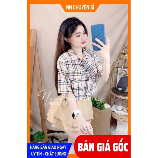 Áo sơ mi nữ phom croptop phối sọc BBR chất vải mềm mịn dễ thương  Áo kiểu nữ AK1248