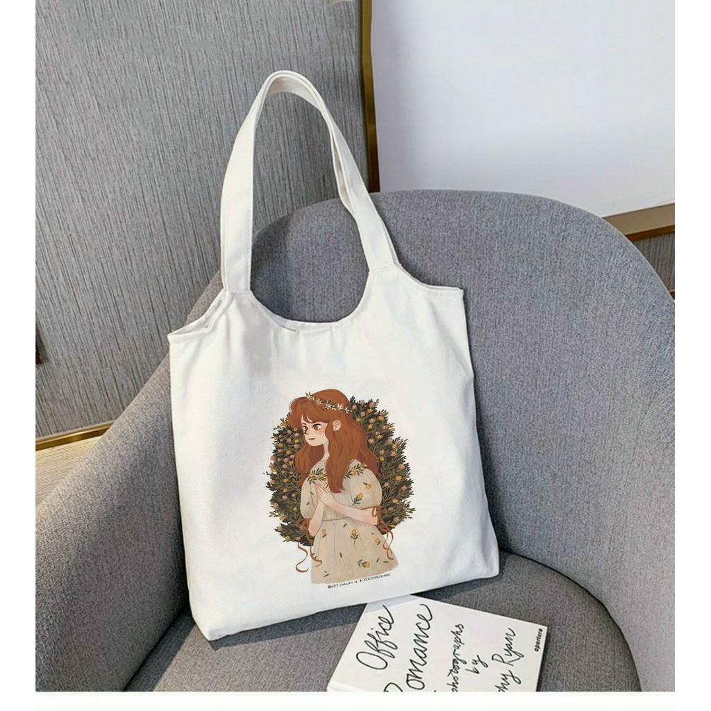 Túi Tote *BẦU* Vải Canvas đeo vai CÔ GÁI VÀ HOA - Hàn Quốc Có Khóa Miệng Túi