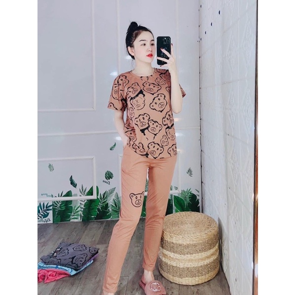 Đồ bộ nữ bồ bộ bigsize bộ mặc nhà dễ thương đồ bộ quần dài thun cotton in hình gấu