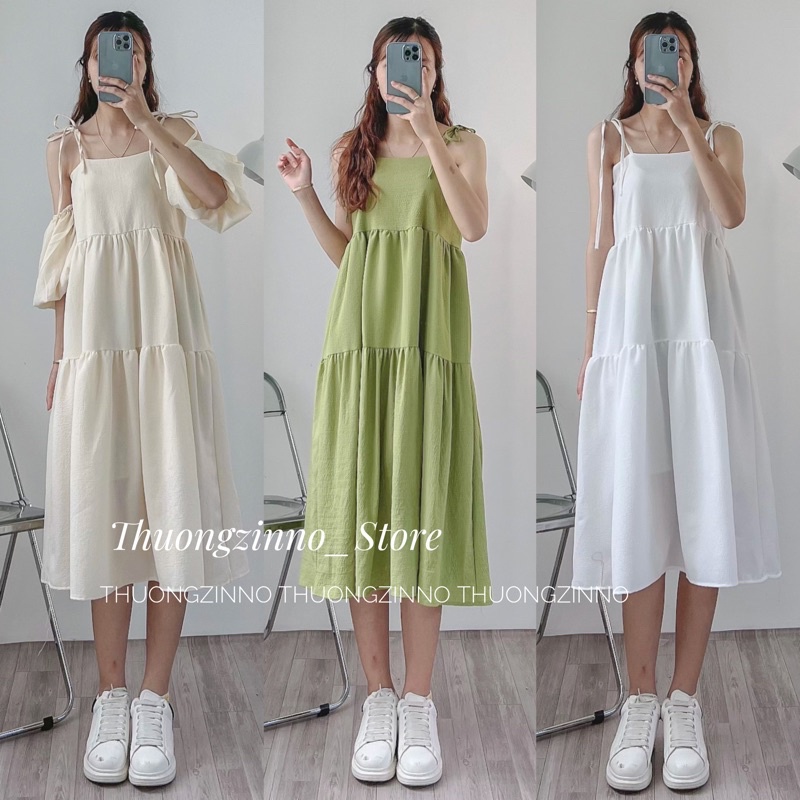 [Ảnh thật/Video]Đầm hai dây mặc được ba kiểu Hàn Quốc