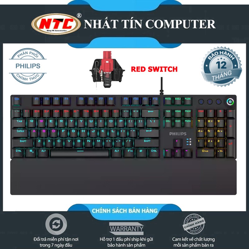 Bàn phím cơ Red Switch PHILIPS SPK8614GR kèm đế kê tay - tích hợp 20 kiểu led và 3 cụm led game khác nhau (Đen) | BigBuy360 - bigbuy360.vn