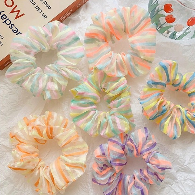Chun buộc tóc Scrunchie voan kẻ dọc