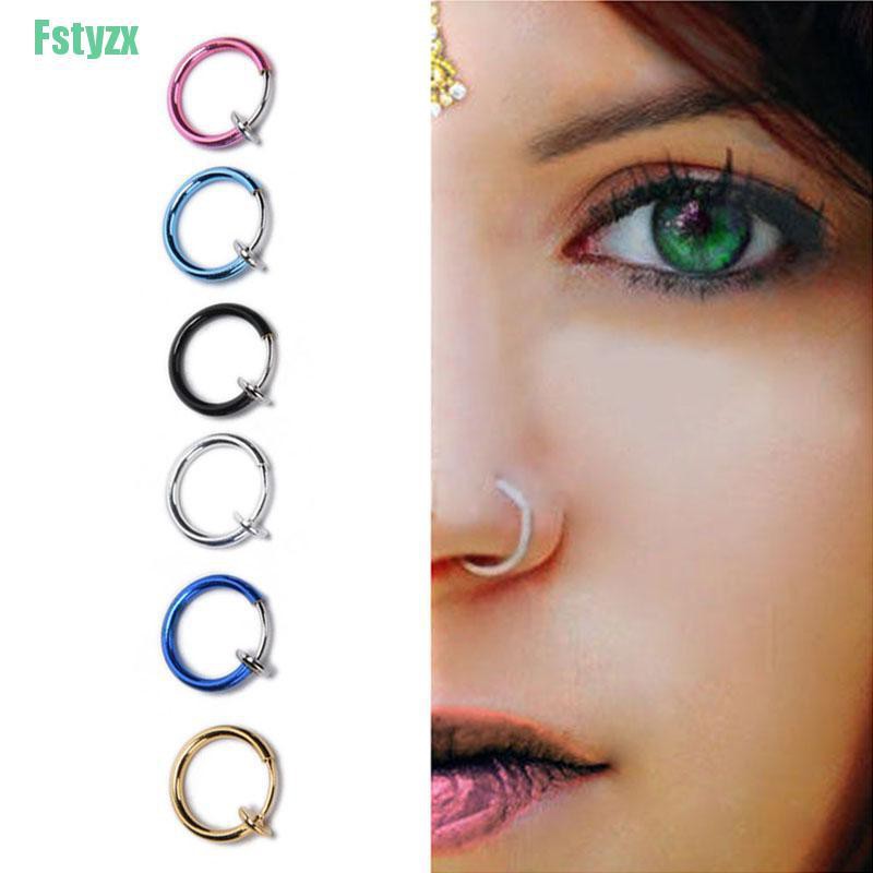 fstyzx 2PC Fake Stud Earrings Punk Clip On Piercing Body Nose Lip Rings Hoop Ear Unisex