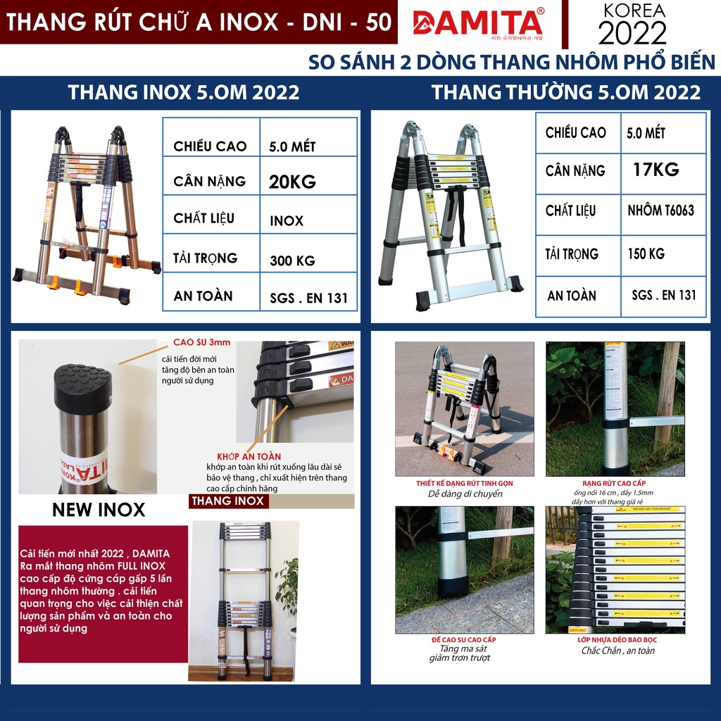 Thang Nhôm Rút chữ A INOX 316 A 5met6 2.8+2.8 cao cấp có bánh xe đai khóa chốt lưng mẫu mới 2022 độc quyền DAMITA korea