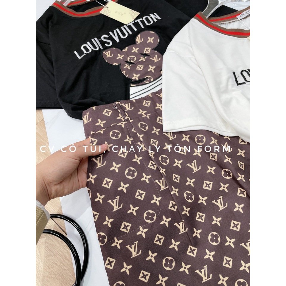 Set đồ mùa hè nữ, áo thun chân váy gấu LV