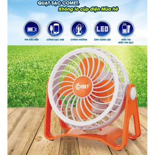 Quạt để bàn sạc pin tích điện cao cấp comet crf0105 2.5w để bàn, có cổng sạc usb