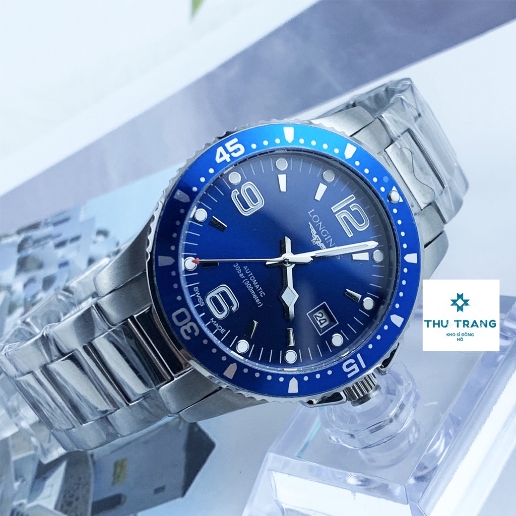 Đồng hồ Nam Longin máy nhật đồng hồ cơ Automatic mặt xanh KIM SỐ DẠ QUANG dây kim loại trắng size 40-41mm
