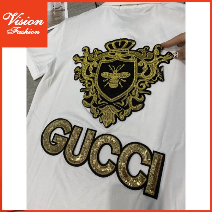 Áo thun nam ngắn tay cổ trụ kim sa hoa tiết GUCCI thêu con ong