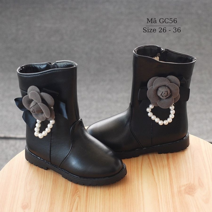 Giày bốt bé gái 3 - 12 tuổi cổ cao khóa kéo thời trang 3 màu hồng đen đỏ gắn hoa duyên dáng cho bé đi học đi chơi GC56