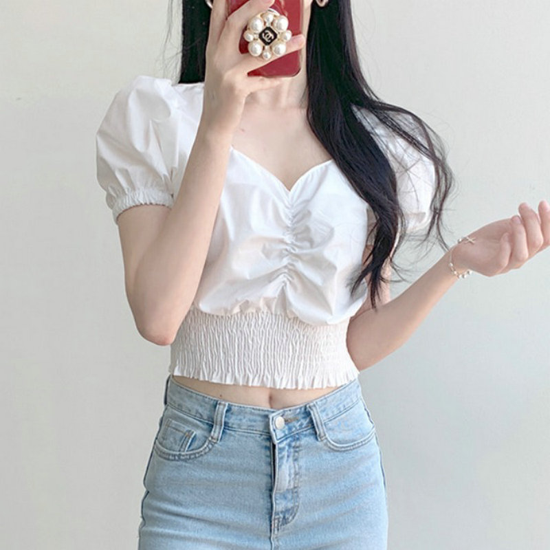 Crop Top Tay Phồng Dây Rút Phong Cách Hàn Quốc