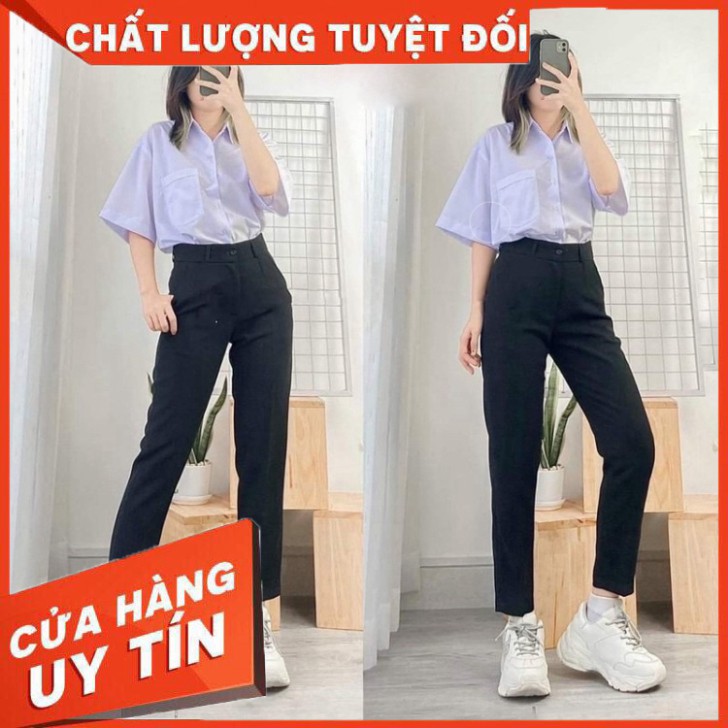 Quần tây baggy đi học nữ cạp có đai lưng cao màu đen dáng dài - Quần vải công sở Vitex dày dặn phối áo sơ mi đi học làm