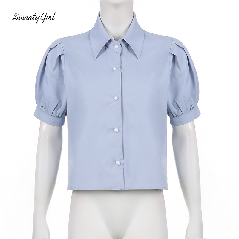 Áo Sơ Mi Tay Phồng Ngắn Cổ Bẻ Cài Nút Màu Trơn 2022 Thời Trang Cho Nữ