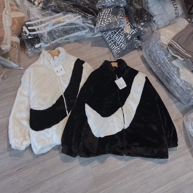 Áo Khoác lông phối chữ, khoác lông Nam nữ dáng rộng Unisex, lông thỏ không xù