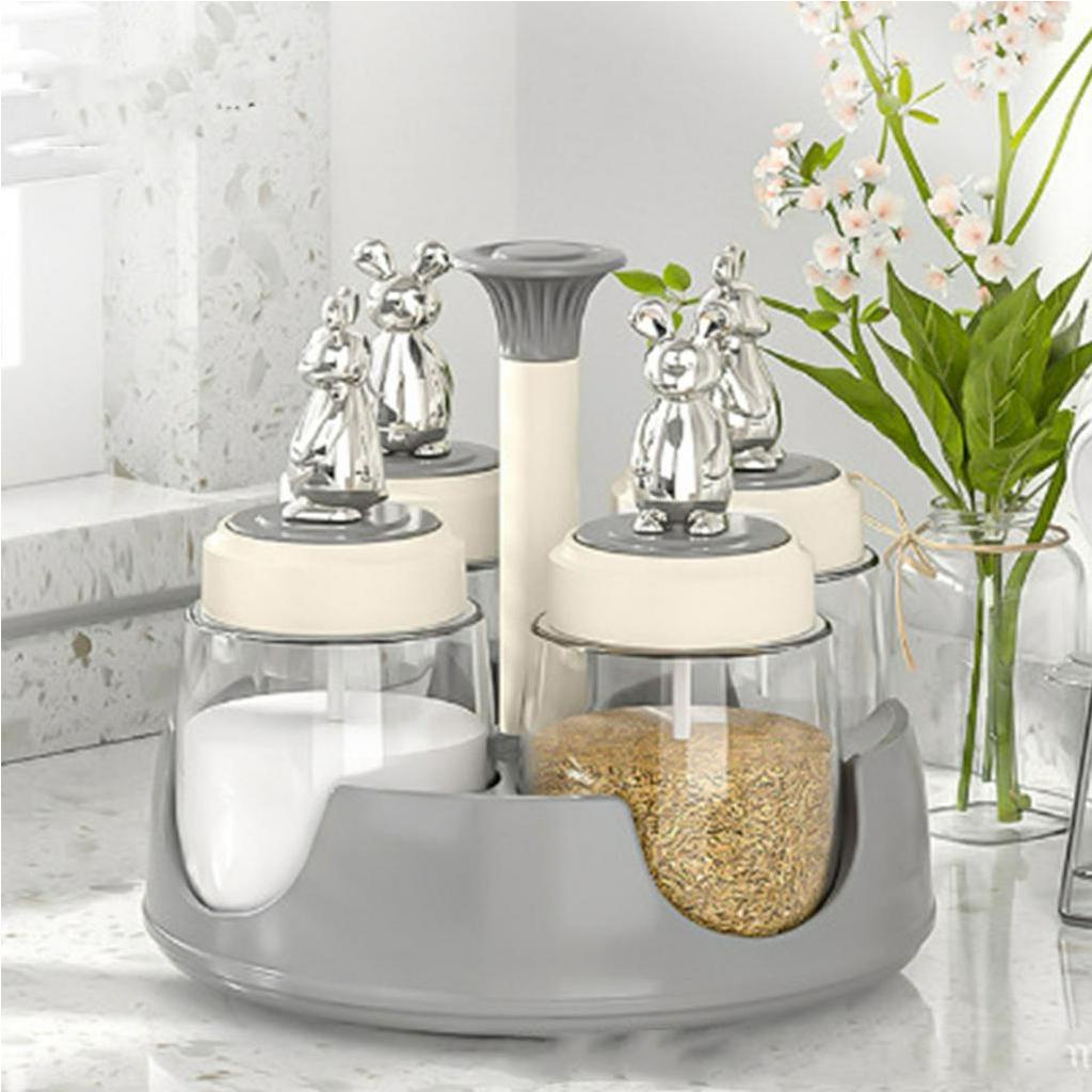 Hộp Đựng Gia Vị Kèm Kệ Xoay Chống Ẩm （4+1）- Bình thủy tinh cho nhà bếp Nhà hàng Trang chủ - Nitrogen071