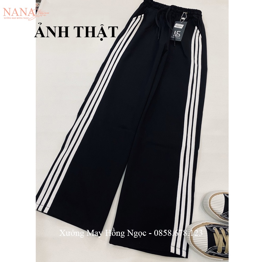 Quần thể thao 3 sọc nữ ống rộng suông dài viền kẻ trắng dáng quần Jogeer nữ ống rộng có dây rút mặc đi học tập thể dục