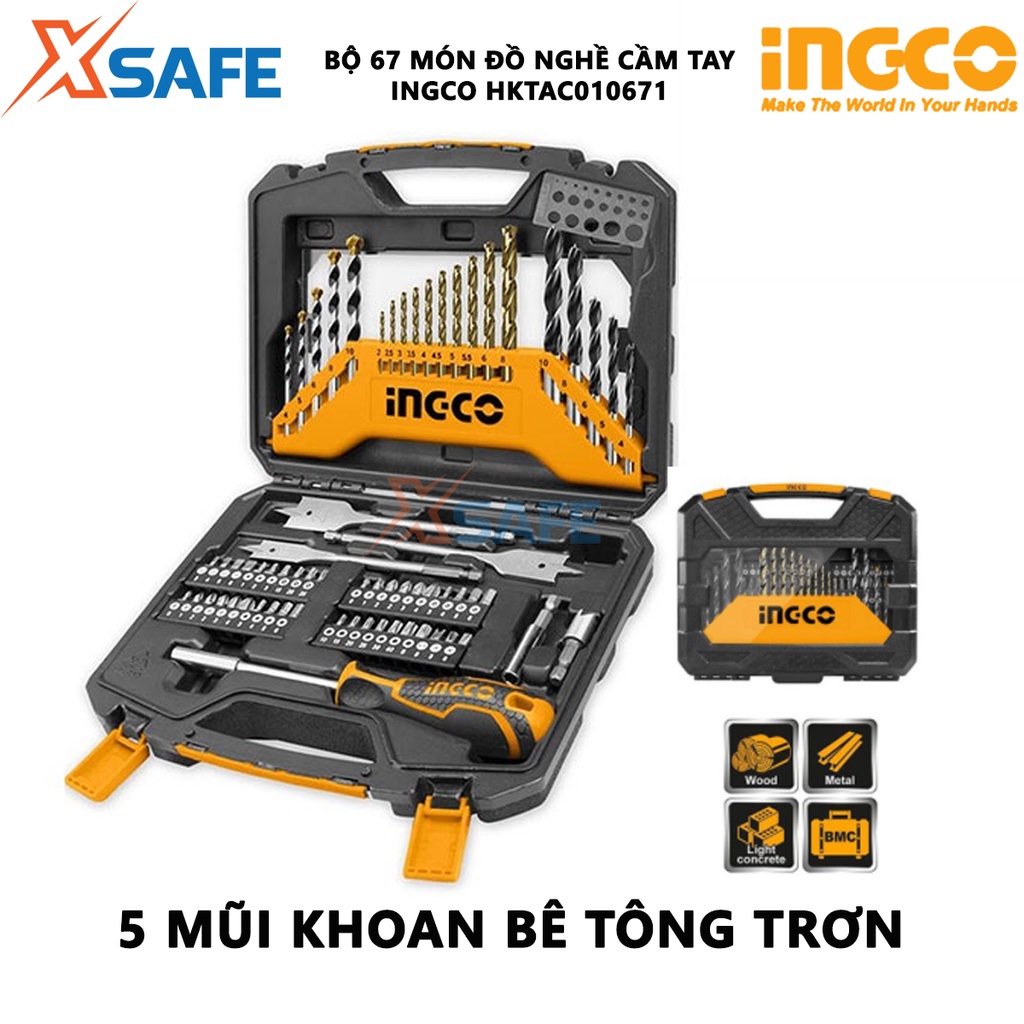 Bộ mũi khoan-vít INGCO HKTAC010671 gồm 67 chi tiết mũi khoan, mũi vít, khớp nối, tua vít - chính hãng