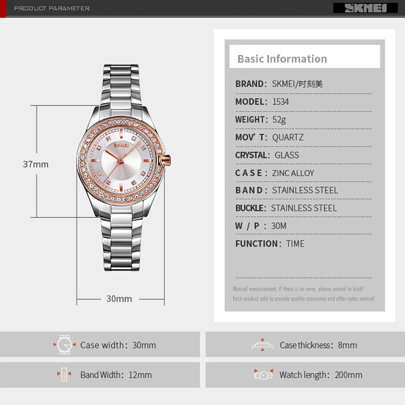 Đồng Hồ Analog Máy Quartz Nữ Đính Hột Xoàn Dây Thép Không Gỉ Chống Thấm Nước SKMEI1534