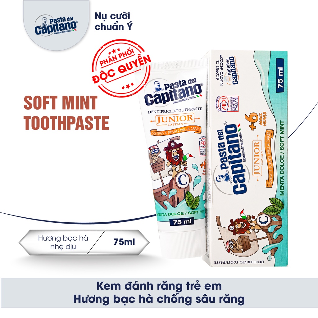 Kem đánh răng cho trẻ em chống sâu răng hương bạc hà dịu nhẹ nhập khẩu Ý Pasta del Capitano Junior Soft Mint Toothpaste