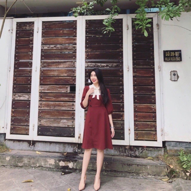 Váy phối dáng xoè - Đầm công sở nữ cổ nơ phối màu Junnie Closet | BigBuy360 - bigbuy360.vn