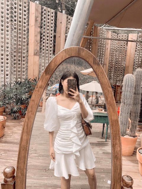 Đầm trắng nhún tay phồng siêu xinh kèm ảnh thật