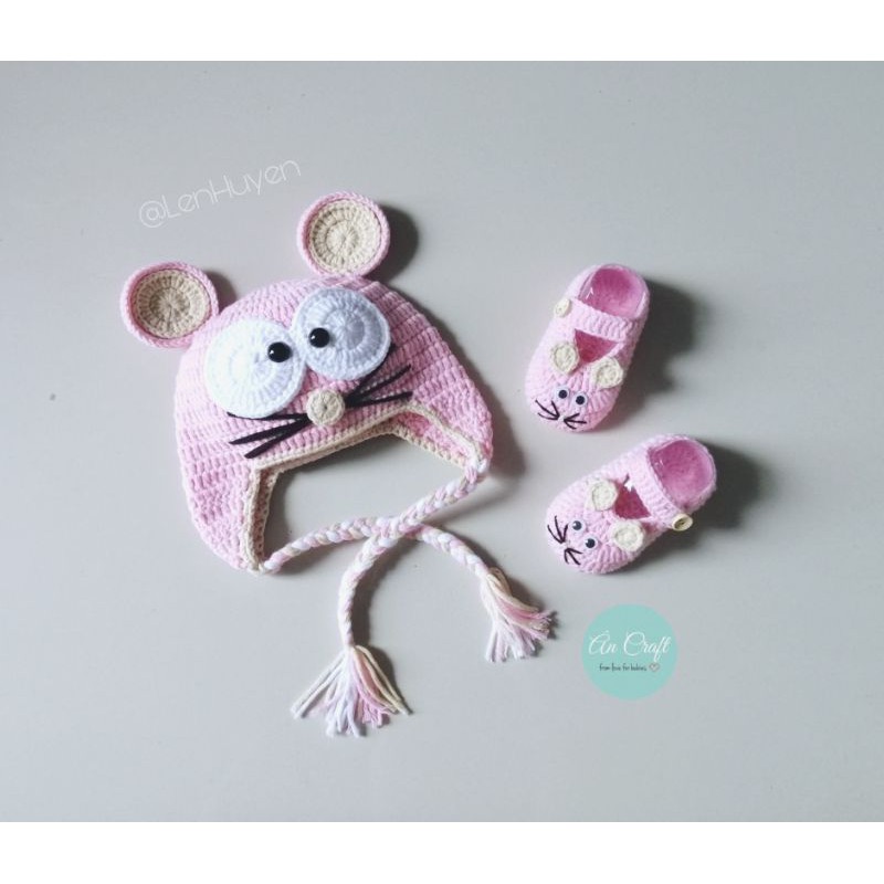 Set nón giày len handmade hình CHUỘT CON màu hồng xinh xắn