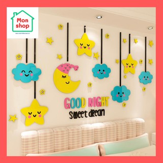 Tranh dán tường mica 3D chúc ngủ ngon, good night, decal mica dán tường trang trí phòng ngủ