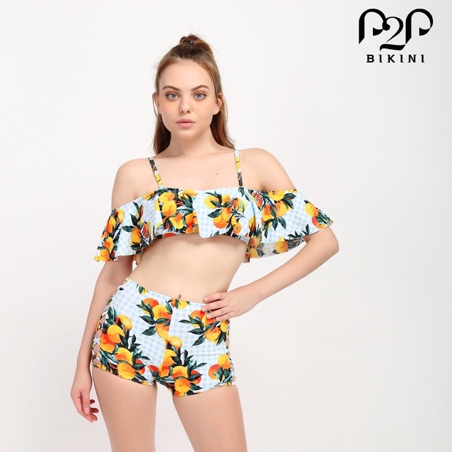 P2P BIKINI - Đồ bơi hai mảnh áo croptop bèo trễ vai, quần short họa tiết trái cam - BTK340HT_LC