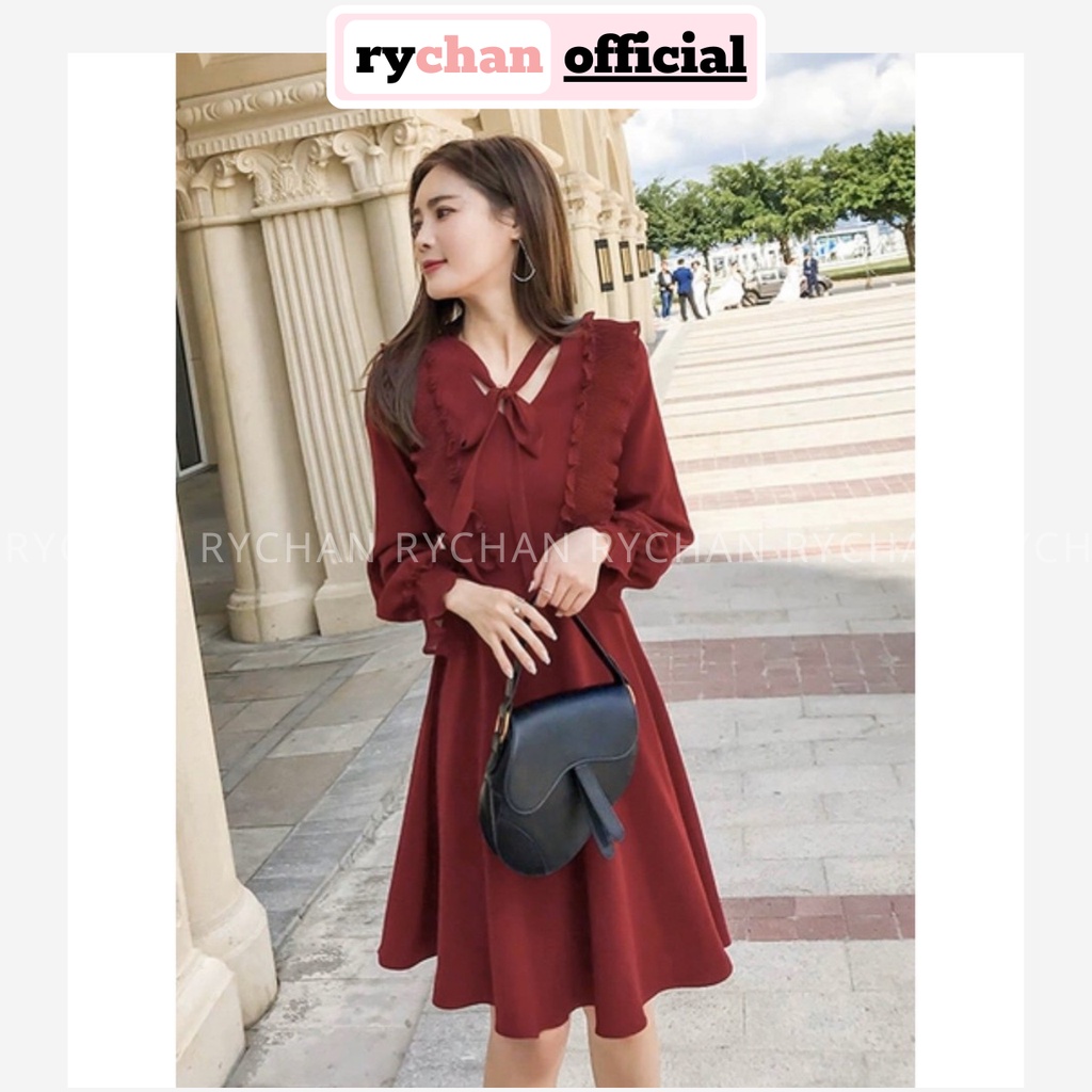 Đầm Xòe Đỏ Rượu Nơ Cổ Tay Dài - DX943