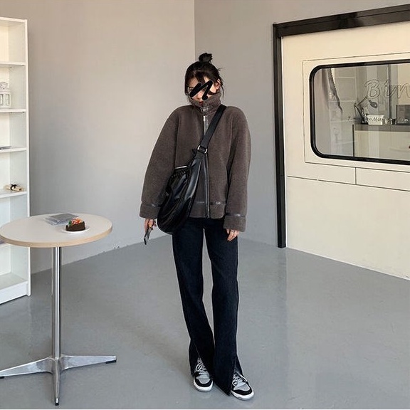 SUXI Quần jean dài lưng cao ống rộng phong cách Hàn Quốc thời trang mùa thu dành cho nữ