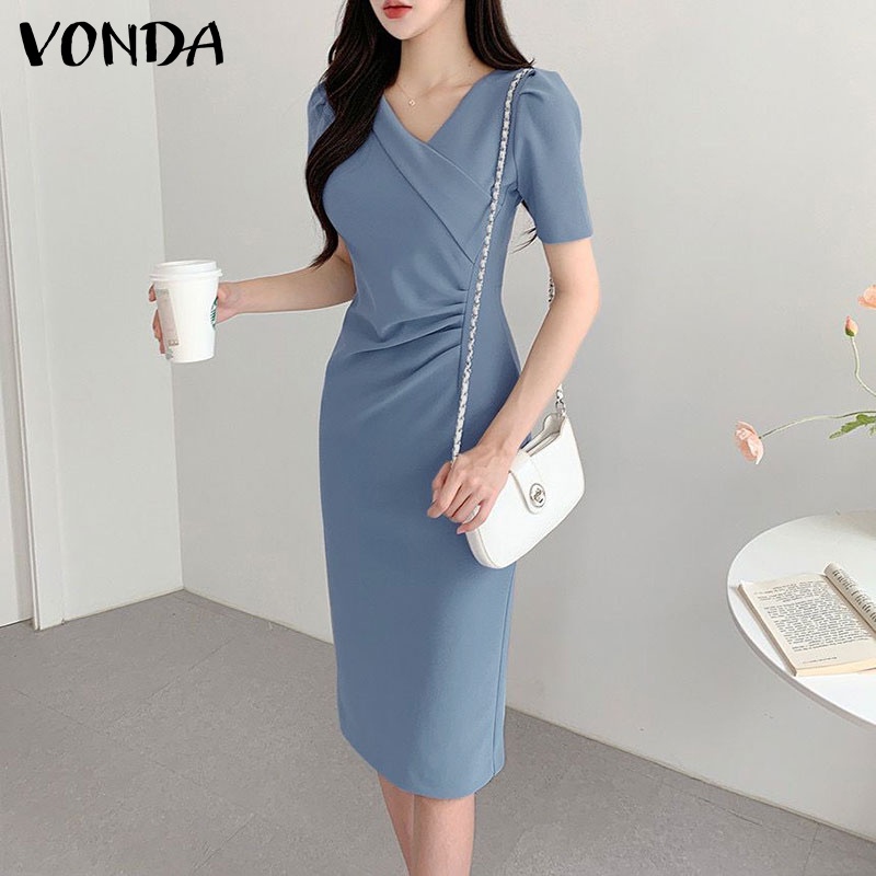 Đầm dài xếp ly VONDA tay ngắn cổ chữ V màu trơn khóa kéo sau lưng phong cách Hàn Quốc thời trang thanh lịch cho nữ