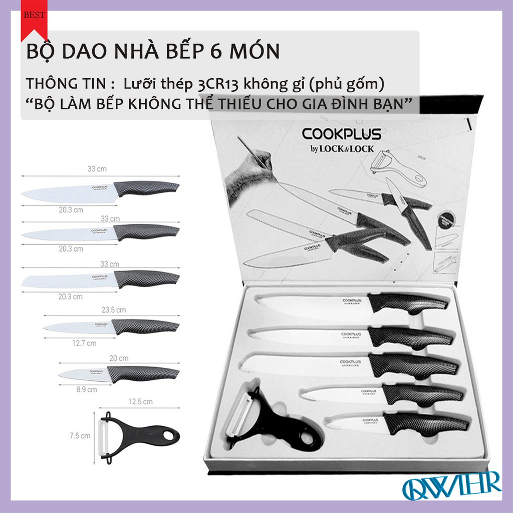 Bộ dao nhà bếp 6 món, bộ dao nhà bếp hợp kim thép phủ gốm ceramic QWER Store