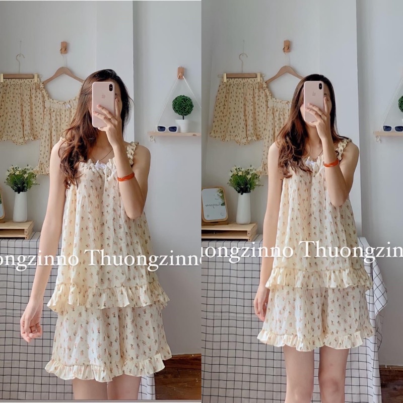 [HÀNG CHẤT LƯỢNG]Set bộ đồ Laura hoạ tiết hoa nhẹ nhành Bộ đồ mặc nhà vintgae