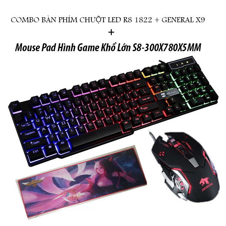 Combo Bàn Phím Chuột Led Chuyên Game R8 1822 + General X9 +++ Lót Chuột Hình Game Khổ Lớn - NK