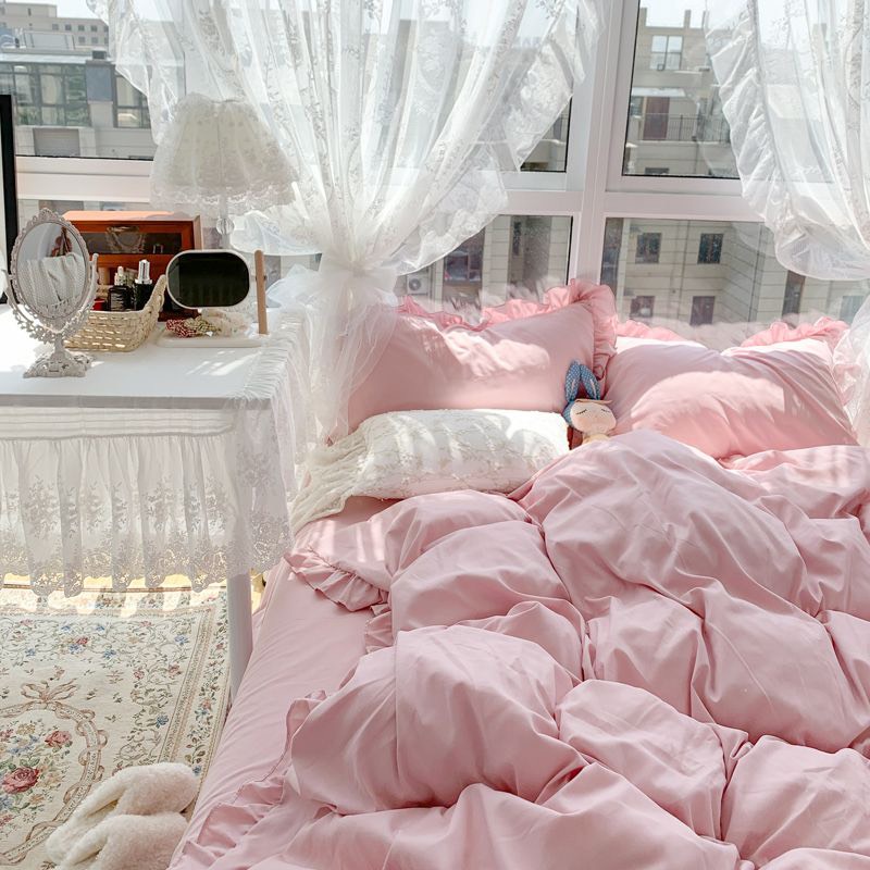 Bộ chăn ga gối Cotton tici viền bèo đáng yêu drap giường Hàn quốc ga trải bo chun đủ size - Màu Hồng phấn viền bèo