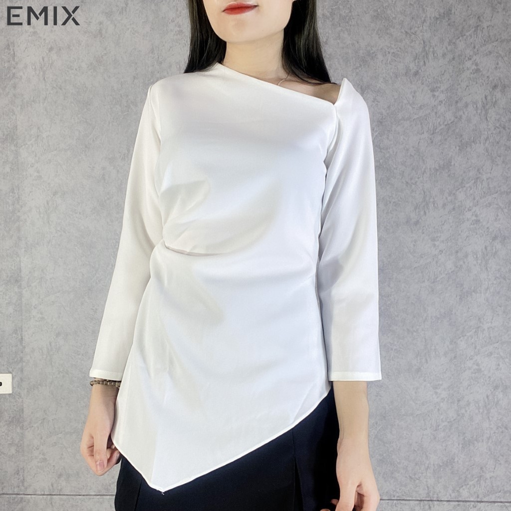 Áo lệch vai vạt chéo EMIX (màu trắng), dài tay, vạt lệch cá tính, chất thun dẻo mềm mịn, ôm eo tôn dáng a69