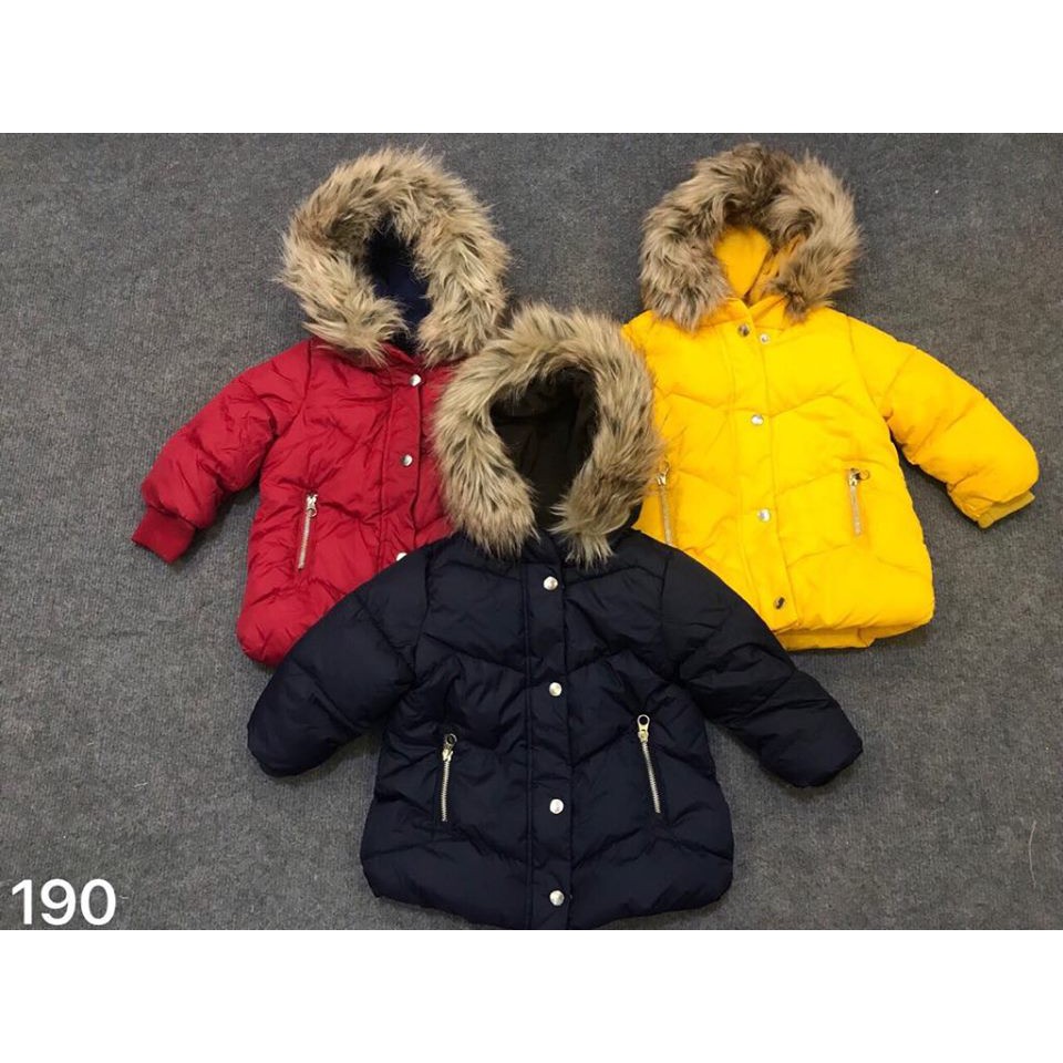 Áo khoác phao parka zara mũ lông bé trai, bé gái 3 màu vàng, đỏ, than