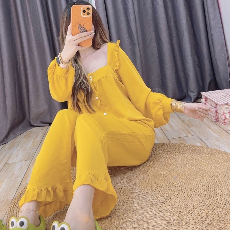 Đồ bộ ngủ nữ pyjama cổ vuông cột dây phía sau phong cách tiểu thư dễ thương ( ảnh thật )